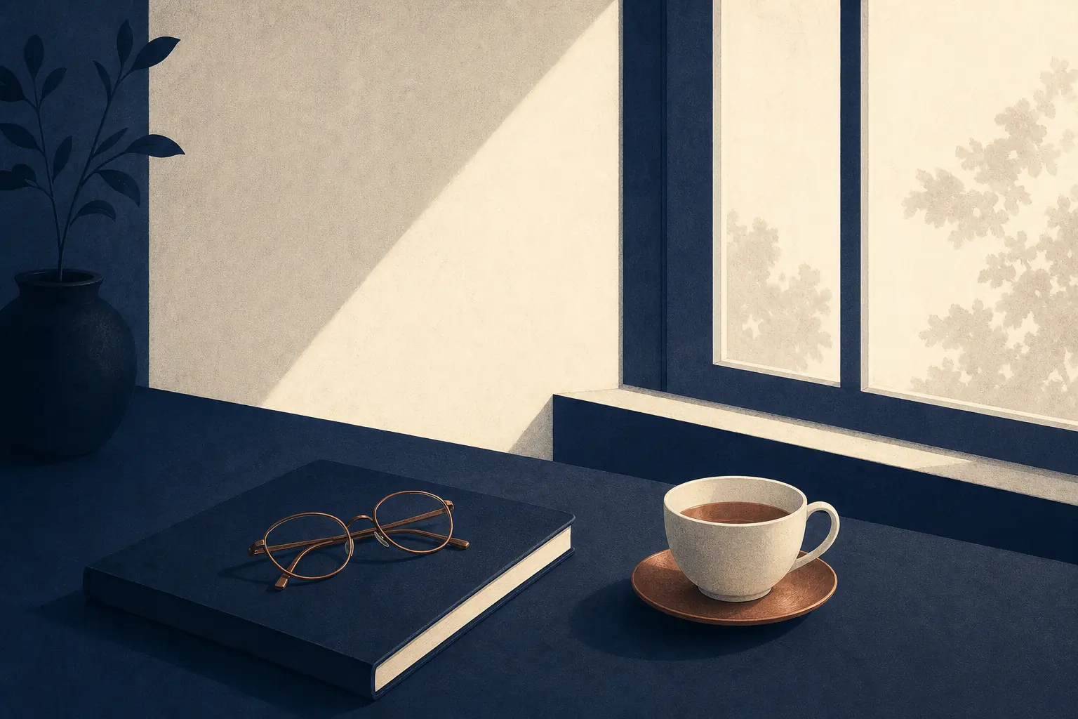 A quiet writing desk with a notebook and reading glasses