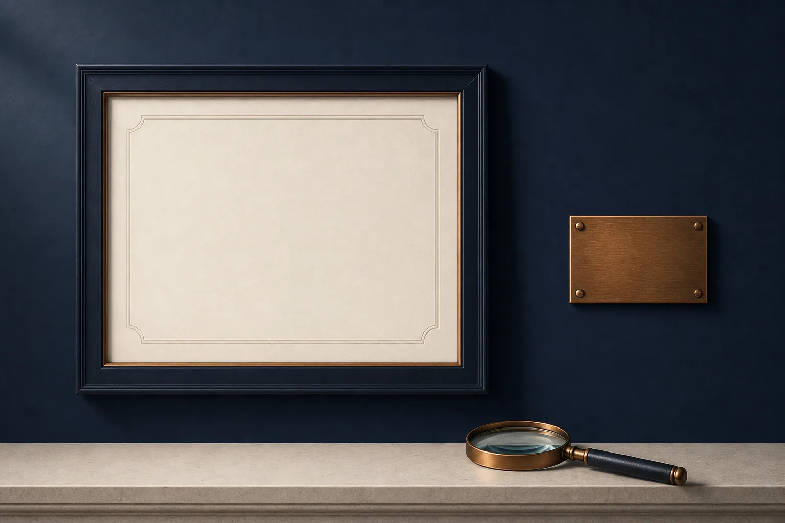 A framed blank certificate with a magnifying glass — checking a licence on the public register