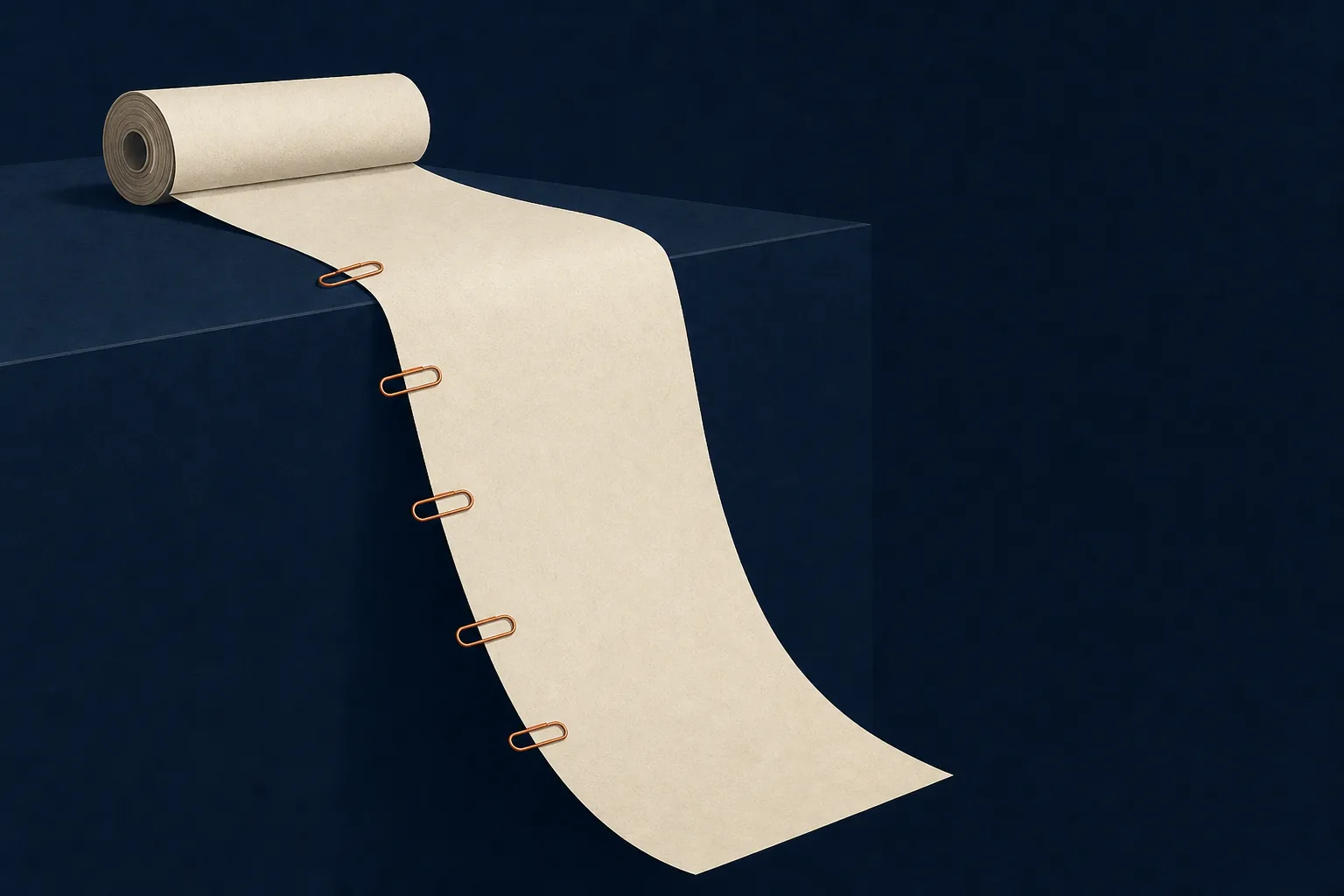 A long scroll with five paper clips — the five numbers in bonus terms