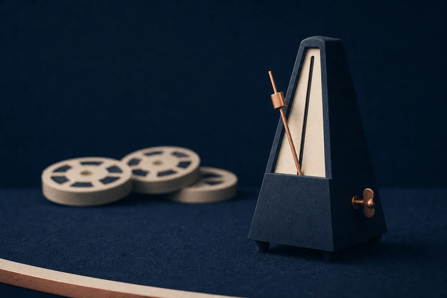 A metronome in front of blurred reels — the 2.5-second minimum spin
