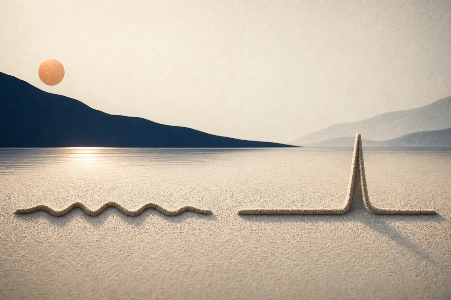 Two ridges in sand — a smooth line and a single tall spike — low and high volatility