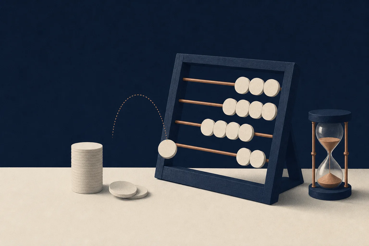 Tokens counted on an abacus beside an hourglass — wagering turnover and time limits
