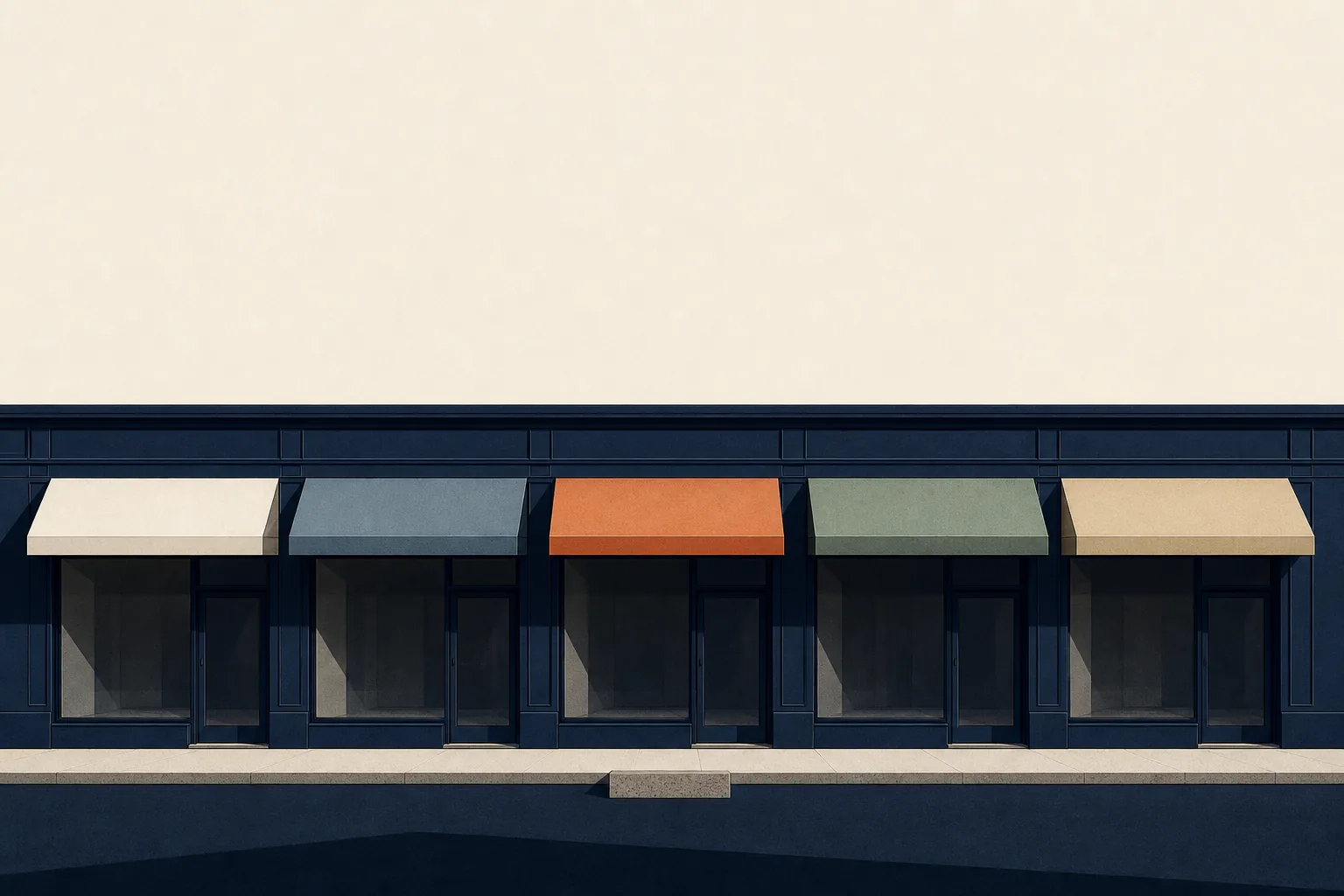 Identical storefronts on one building with different awnings — many brands on one licence